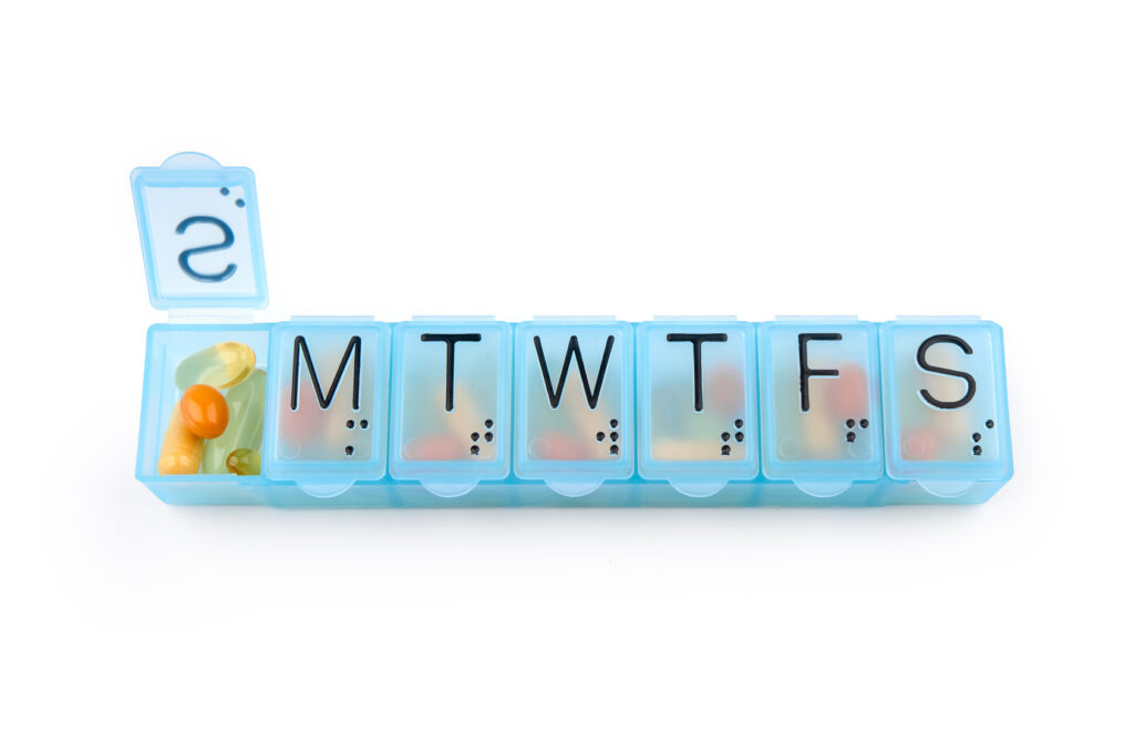 Weekly pill organizer used to keep medication on schedule while switching psychiatrists